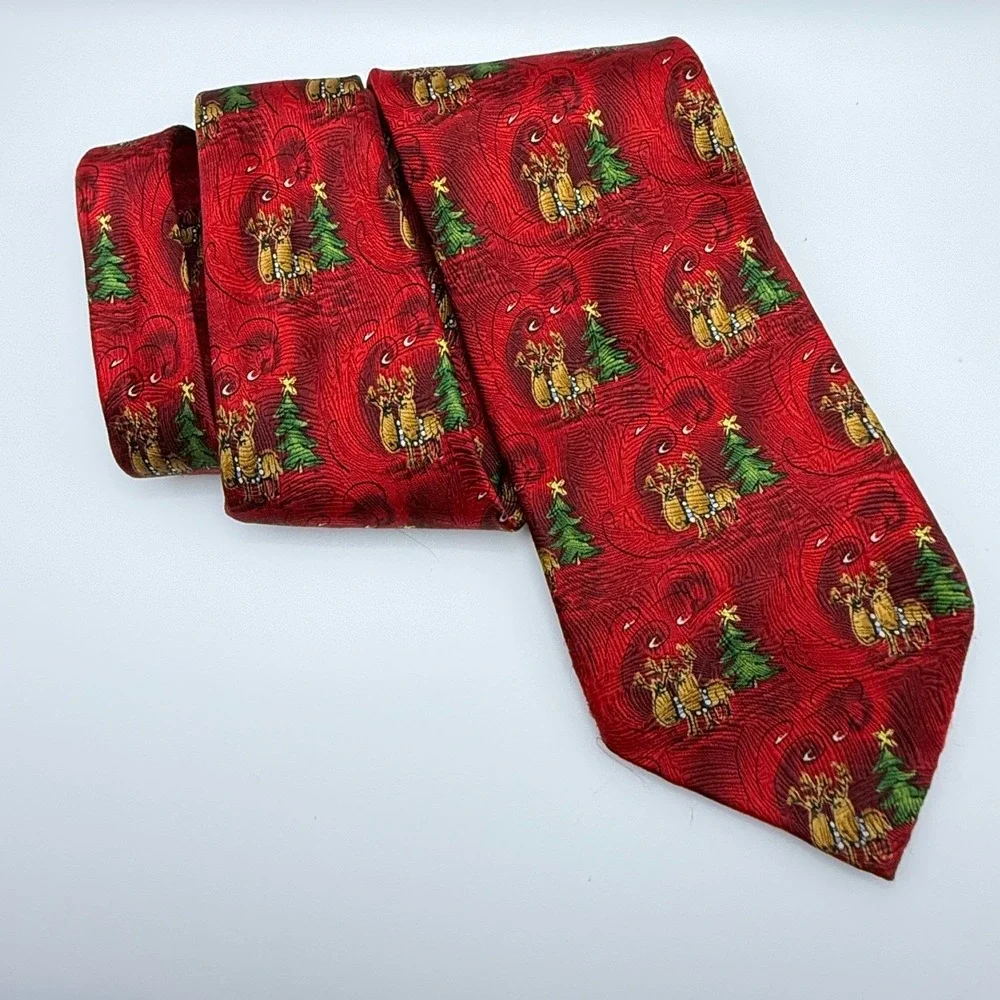 Jerry Garcia Necktie OS Christmas Reindeer Tree Red Silk Holiday 90s Vintage Tie